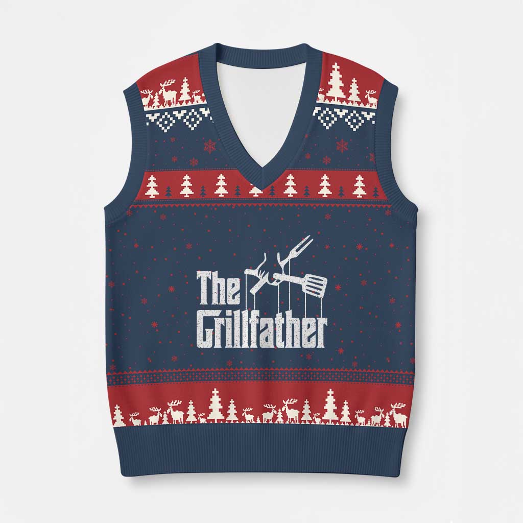 Funny BBQ Grilling V-Neck Knit Sweater Vest The Grillfather Vintage Father's Day TS11 Navy Red Print Your Wear