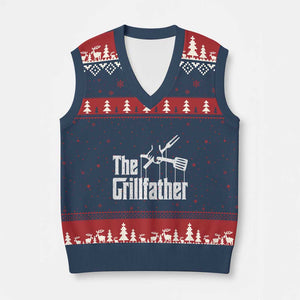Funny BBQ Grilling V-Neck Knit Sweater Vest The Grillfather Vintage Father's Day TS11 Navy Red Print Your Wear
