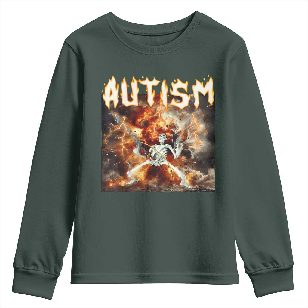 Funny Autism Skeleton Meme Youth Sweatshirt Oddly Specific Dank Meme TS11 Dark Forest Green Print Your Wear