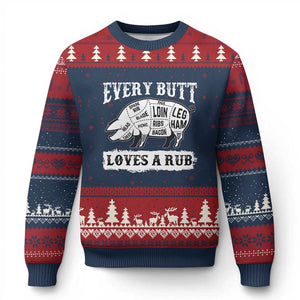 Funny BBQ Grilling Every Butt Loves A Rub Ugly Christmas Sweater Barbecue Grill Father's Day TS11 Navy Red Print Your Wear