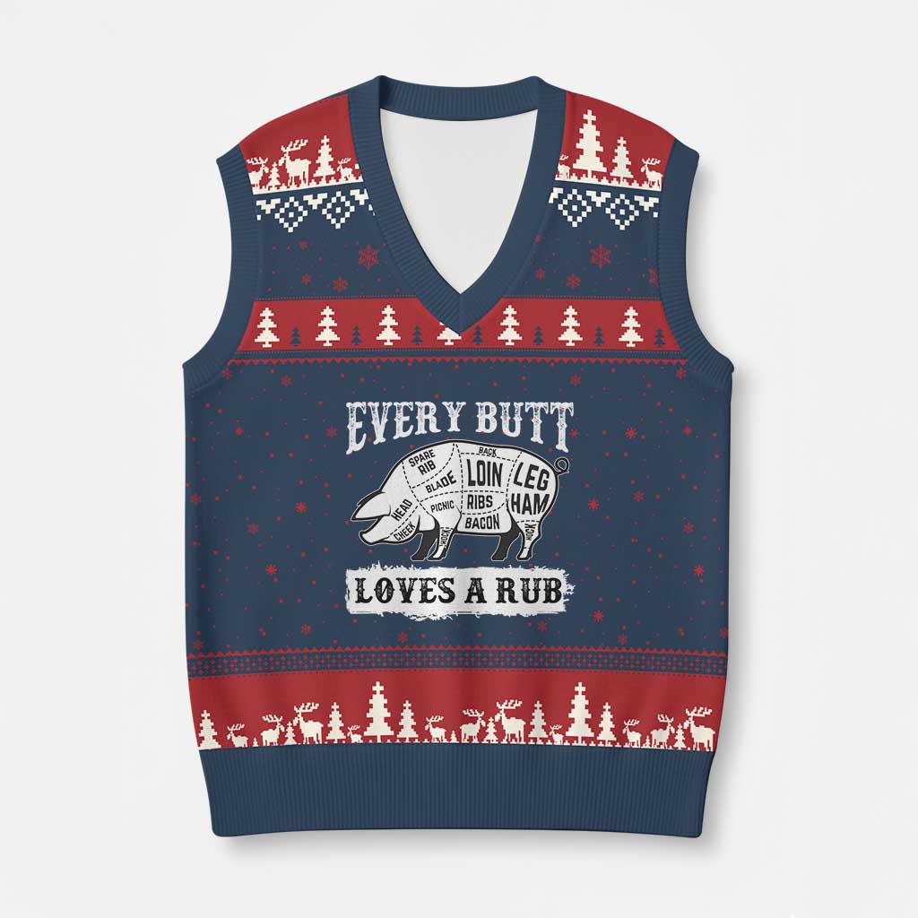 Funny BBQ Grilling Every Butt Loves A Rub V-Neck Knit Sweater Vest Barbecue Grill Father's Day TS11 Navy Red Print Your Wear
