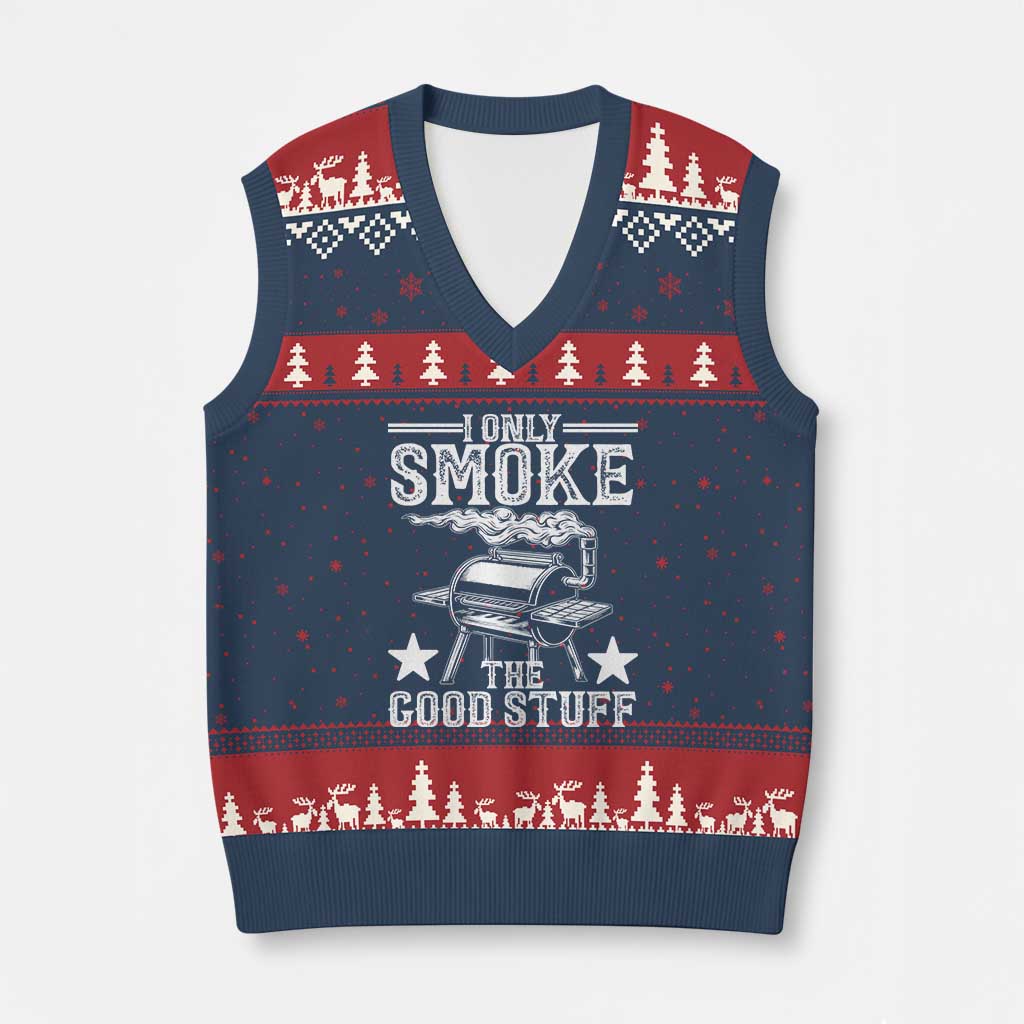 Funny BBQ Grilling I Only Smoke The Good Stuff V-Neck Knit Sweater Vest Barbecue Grill Father's Day TS11 Navy Red Print Your Wear