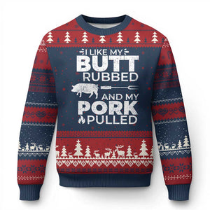 Funny BBQ Grilling I Like My Butt Rubbed And My Pork Pulled Ugly Christmas Sweater Barbecue Grill Father's Day TS11 Navy Red Print Your Wear