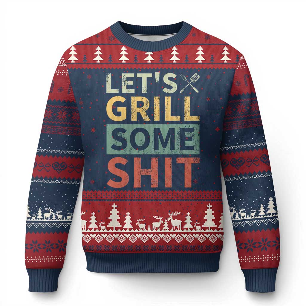 Funny BBQ Grilling Let's Grill Some Shit Ugly Christmas Sweater Retro Vintage Barbecue Father's Day TS11 Navy Red Print Your Wear