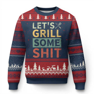 Funny BBQ Grilling Let's Grill Some Shit Ugly Christmas Sweater Retro Vintage Barbecue Father's Day TS11 Navy Red Print Your Wear