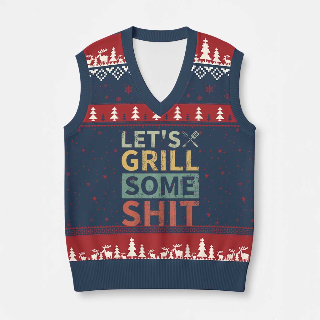 Funny BBQ Grilling Let's Grill Some Shit V-Neck Knit Sweater Vest Retro Vintage Barbecue Father's Day TS11 Navy Red Print Your Wear