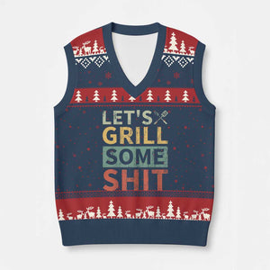 Funny BBQ Grilling Let's Grill Some Shit V-Neck Knit Sweater Vest Retro Vintage Barbecue Father's Day TS11 Navy Red Print Your Wear