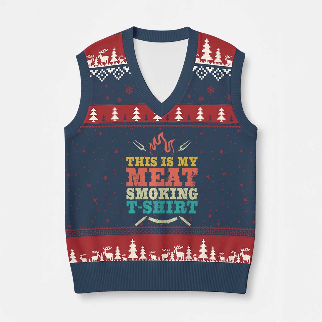 Funny Grilling BBQ V-Neck Knit Sweater Vest This Is My Meat Smoking Shirt Retro Fork Father's Day TS11 Navy Red Print Your Wear