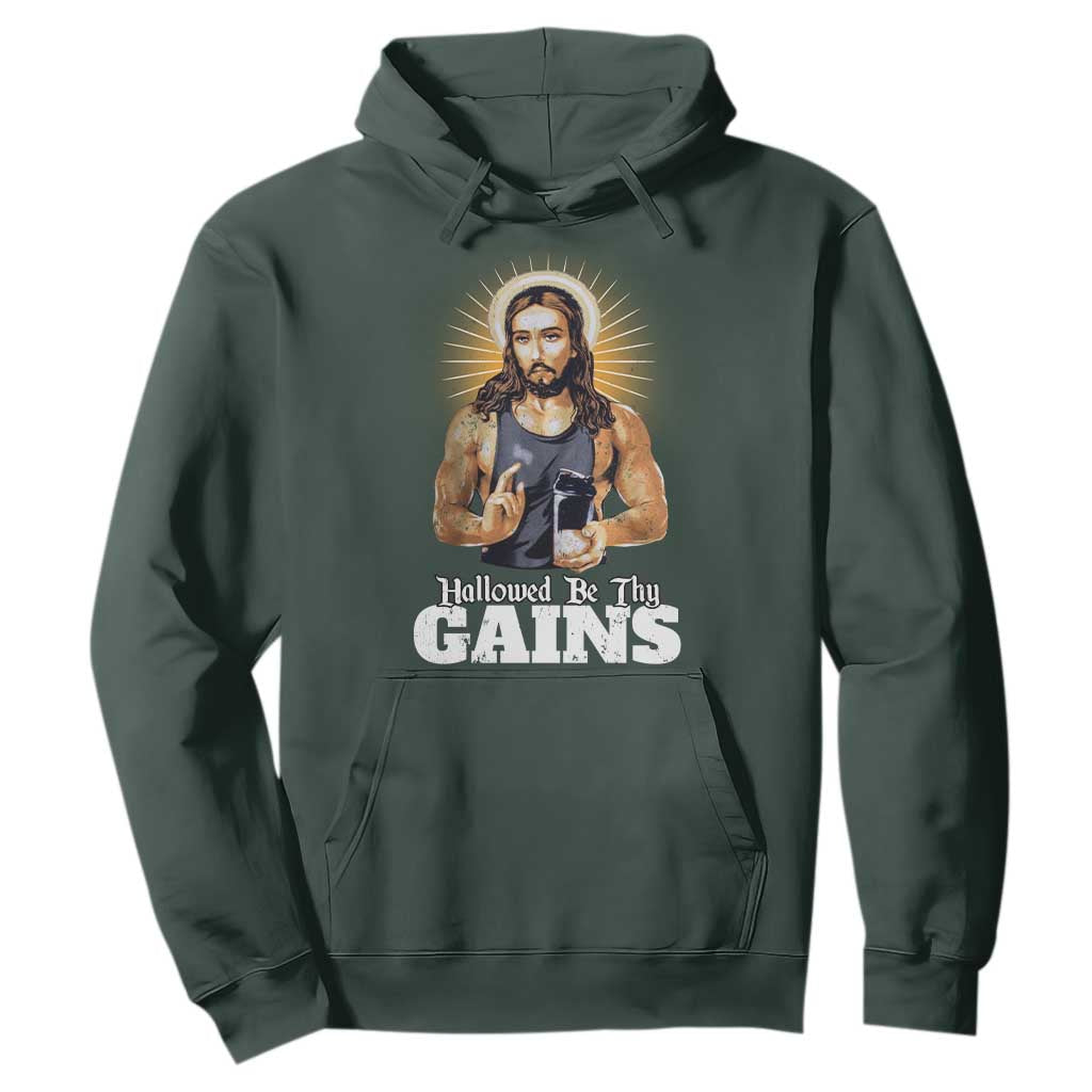 Funny Jesus Gym Workout Hallowed Be Thy Gains Hoodie Muscle Jesus Weightlifting TS11 Dark Forest Green Print Your Wear