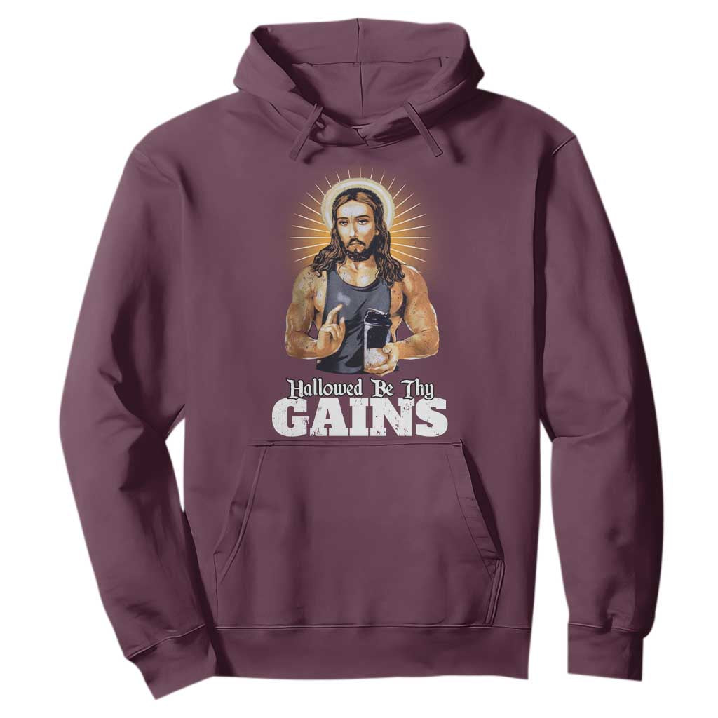 Funny Jesus Gym Workout Hallowed Be Thy Gains Hoodie Muscle Jesus Weightlifting TS11 Maroon Print Your Wear