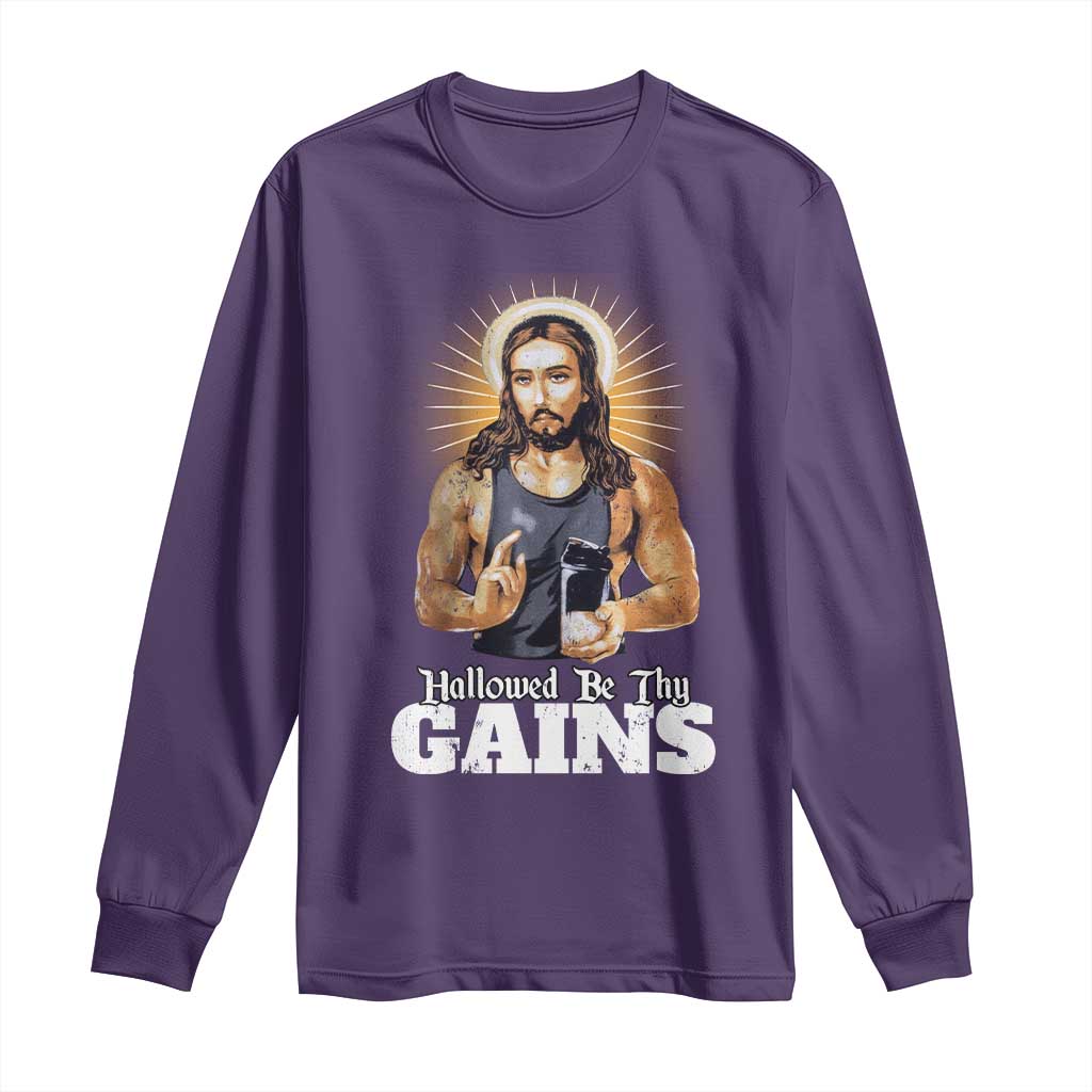 Funny Jesus Gym Workout Hallowed Be Thy Gains Long Sleeve Shirt Muscle Jesus Weightlifting TS11 Purple Print Your Wear