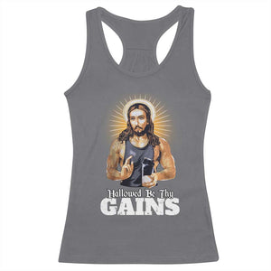 Funny Jesus Gym Workout Hallowed Be Thy Gains Racerback Tank Top Muscle Jesus Weightlifting TS11 Charcoal Print Your Wear
