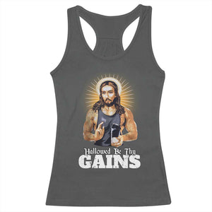 Funny Jesus Gym Workout Hallowed Be Thy Gains Racerback Tank Top Muscle Jesus Weightlifting TS11 Dark Heather Print Your Wear