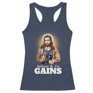 Funny Jesus Gym Workout Hallowed Be Thy Gains Racerback Tank Top Muscle Jesus Weightlifting TS11 Navy Print Your Wear