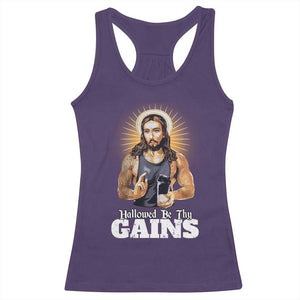 Funny Jesus Gym Workout Hallowed Be Thy Gains Racerback Tank Top Muscle Jesus Weightlifting TS11 Purple Print Your Wear