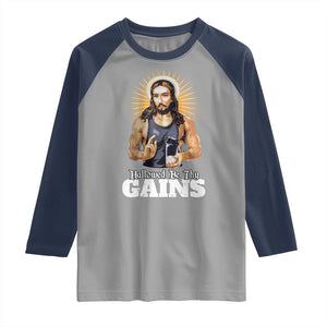 Funny Jesus Gym Workout Hallowed Be Thy Gains Raglan Shirt Muscle Jesus Weightlifting TS11 Sport Gray Navy Print Your Wear