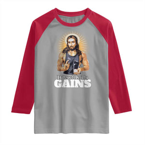 Funny Jesus Gym Workout Hallowed Be Thy Gains Raglan Shirt Muscle Jesus Weightlifting TS11 Sport Gray Red Print Your Wear