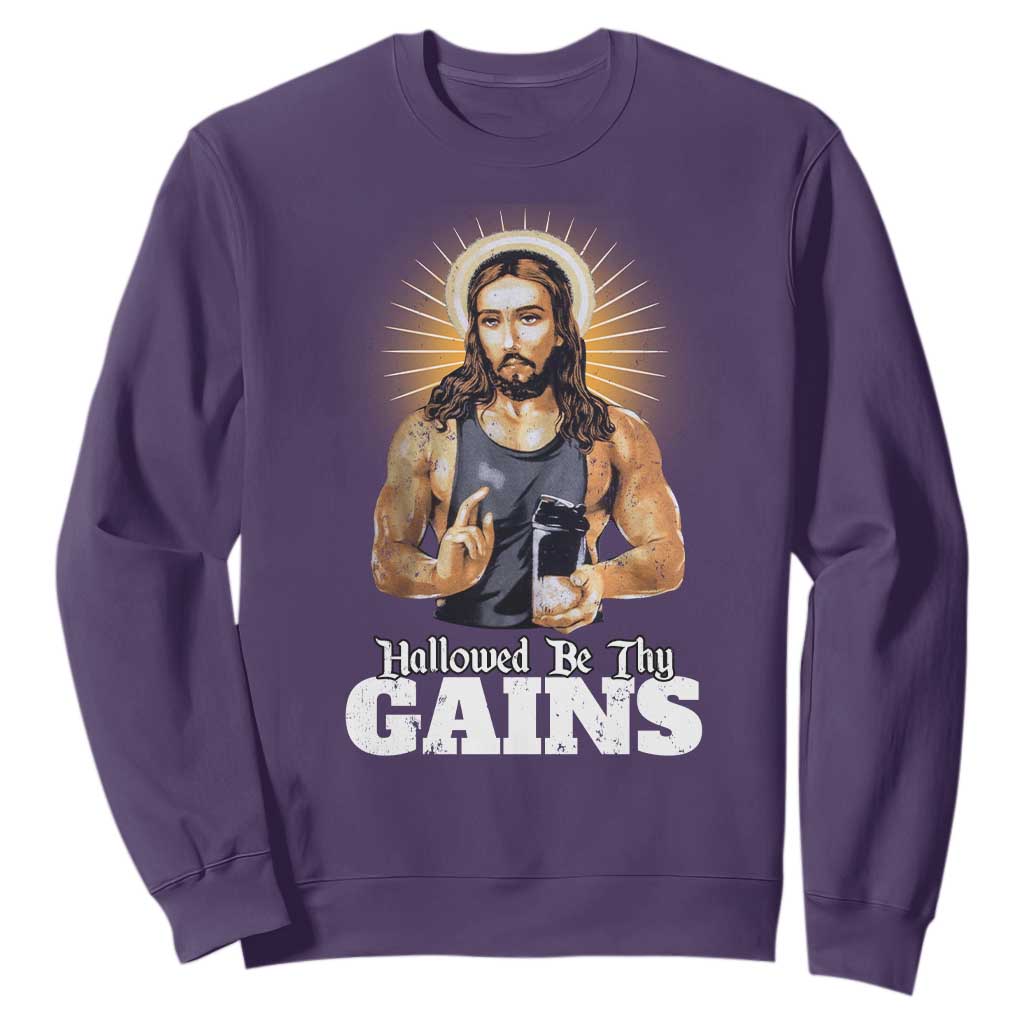 Funny Jesus Gym Workout Hallowed Be Thy Gains Sweatshirt Muscle Jesus Weightlifting TS11 Purple Print Your Wear