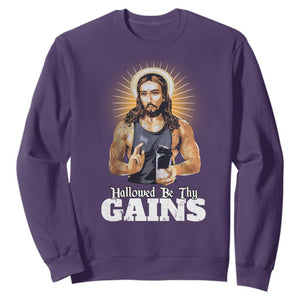 Funny Jesus Gym Workout Hallowed Be Thy Gains Sweatshirt Muscle Jesus Weightlifting TS11 Purple Print Your Wear