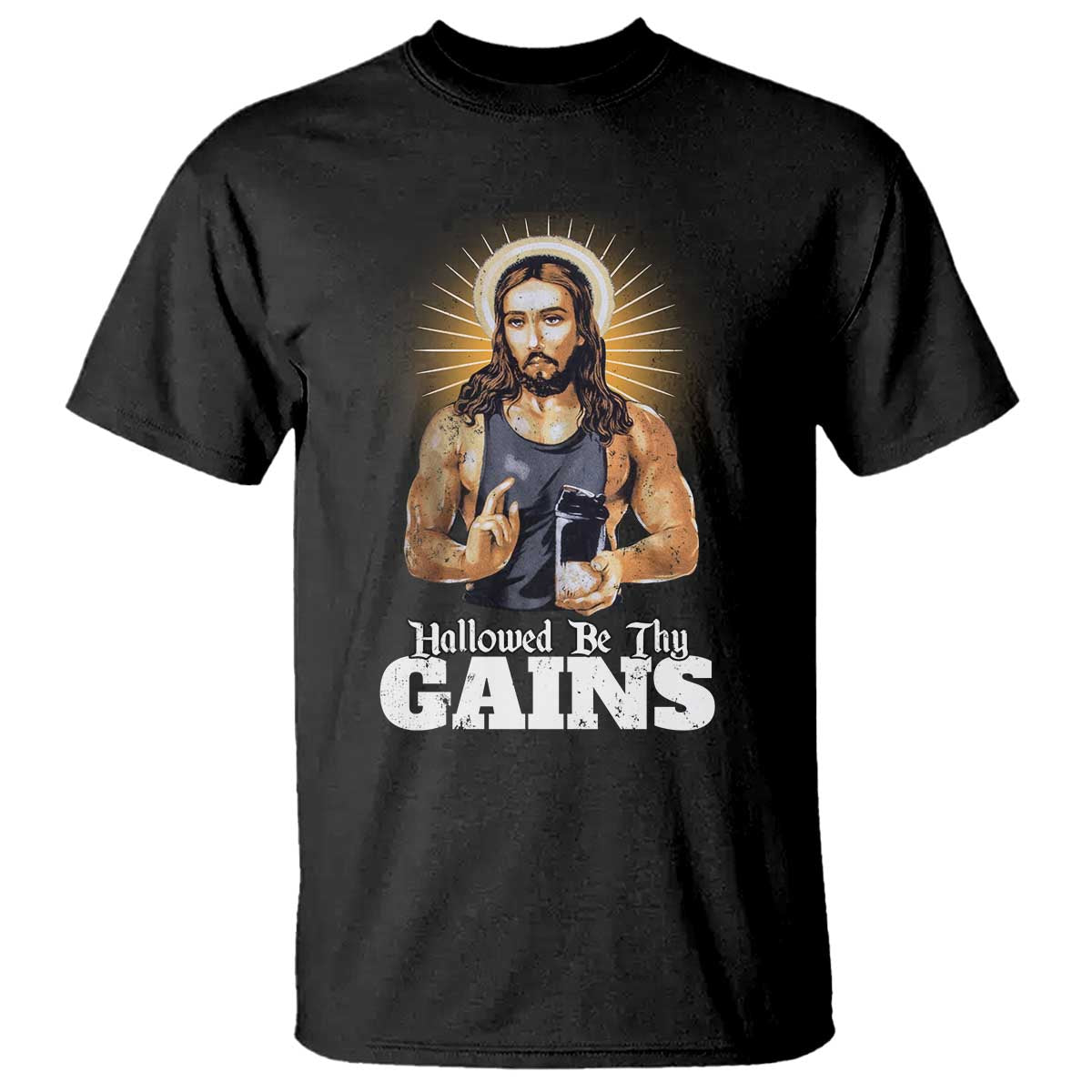 Funny Jesus Gym Workout Hallowed Be Thy Gains T Shirt Muscle Jesus Weightlifting TS11 Black Print Your Wear