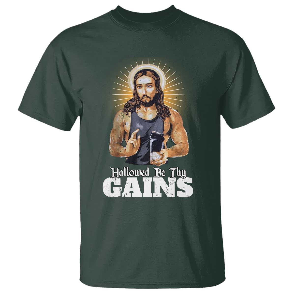 Funny Jesus Gym Workout Hallowed Be Thy Gains T Shirt Muscle Jesus Weightlifting TS11 Dark Forest Green Print Your Wear