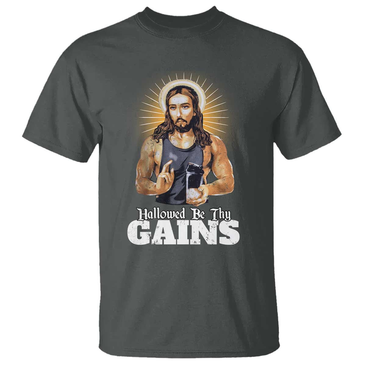 Funny Jesus Gym Workout Hallowed Be Thy Gains T Shirt Muscle Jesus Weightlifting TS11 Dark Heather Print Your Wear