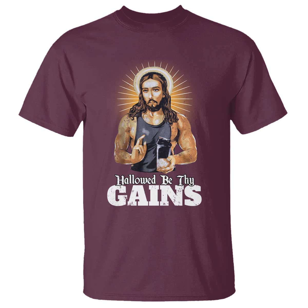 Funny Jesus Gym Workout Hallowed Be Thy Gains T Shirt Muscle Jesus Weightlifting TS11 Maroon Print Your Wear
