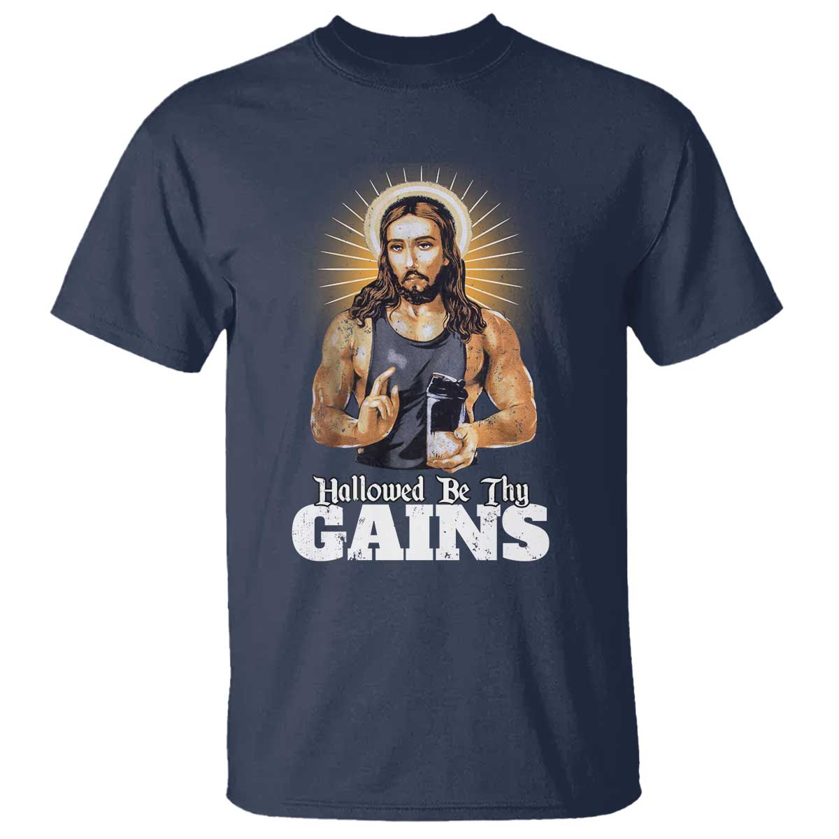 Funny Jesus Gym Workout Hallowed Be Thy Gains T Shirt Muscle Jesus Weightlifting TS11 Navy Print Your Wear