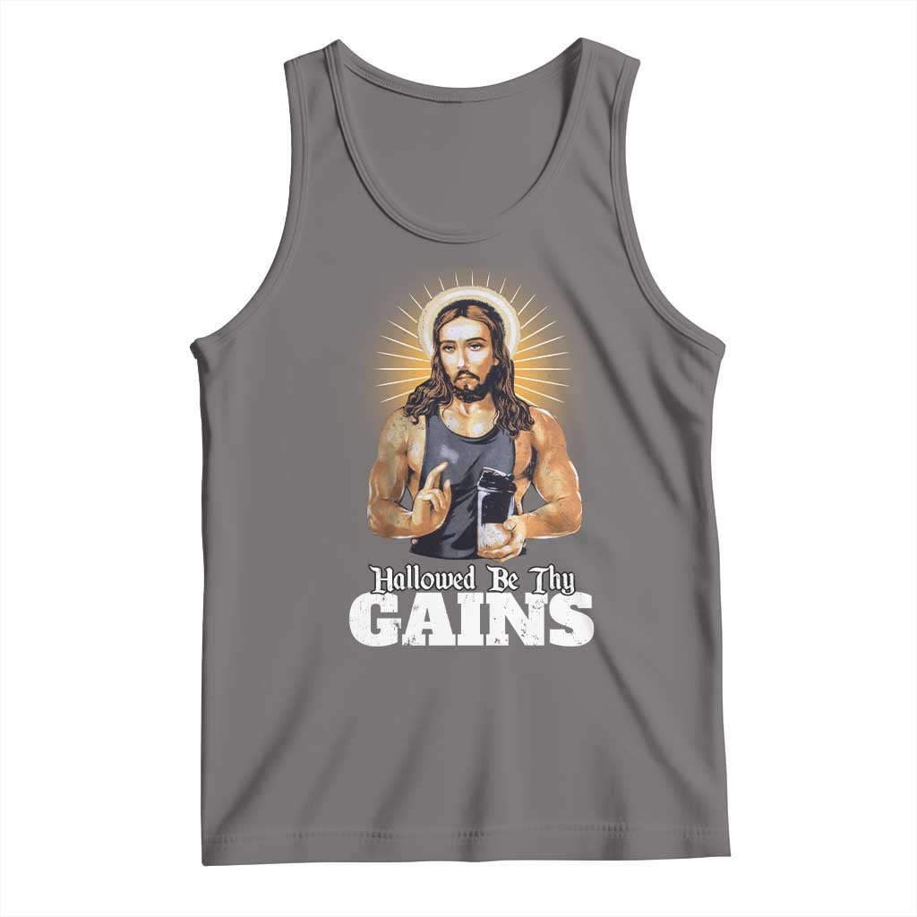 Funny Jesus Gym Workout Hallowed Be Thy Gains Tank Top Muscle Jesus Weightlifting TS11 Deep Heather Print Your Wear