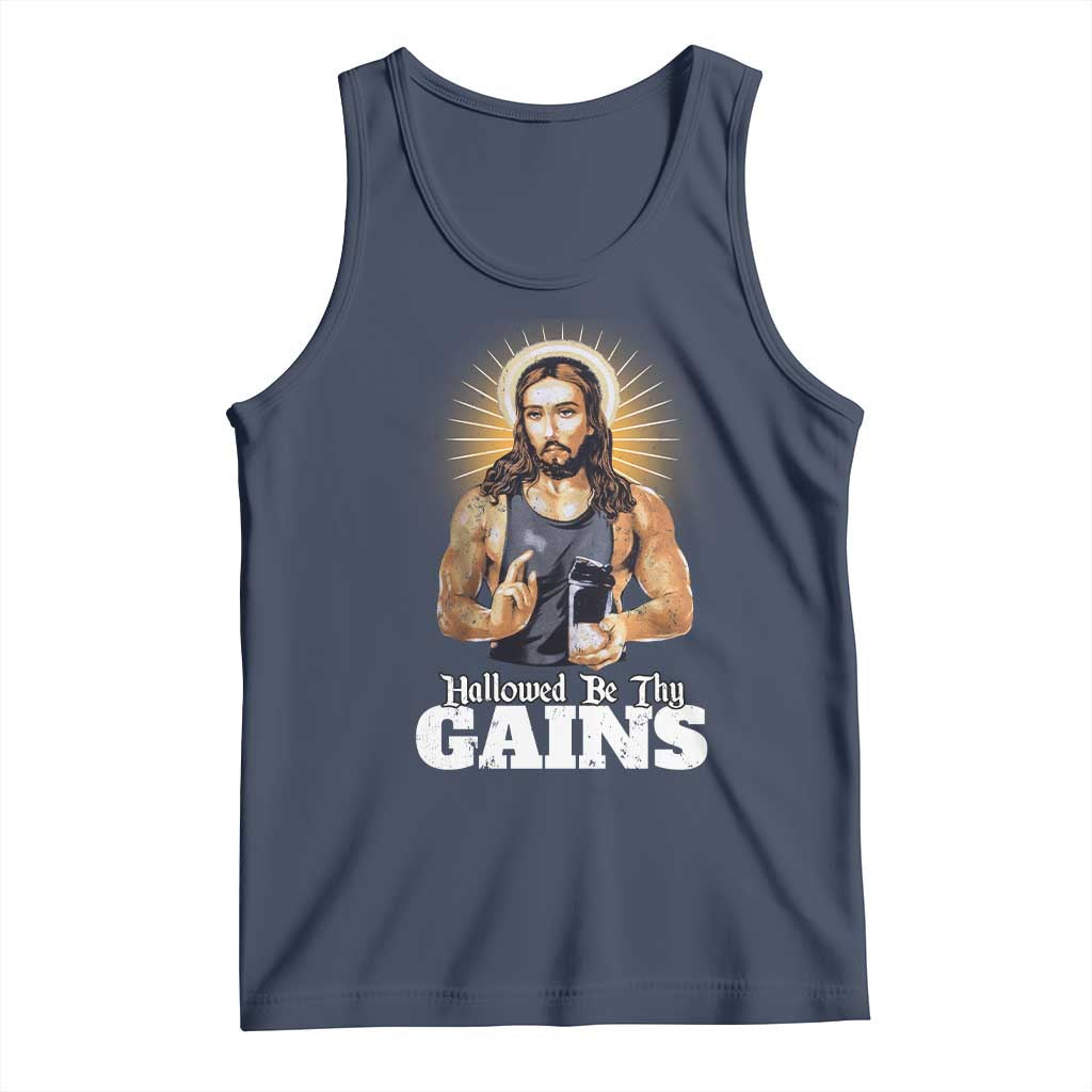 Funny Jesus Gym Workout Hallowed Be Thy Gains Tank Top Muscle Jesus Weightlifting TS11 Navy Print Your Wear