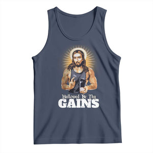 Funny Jesus Gym Workout Hallowed Be Thy Gains Tank Top Muscle Jesus Weightlifting TS11 Navy Print Your Wear