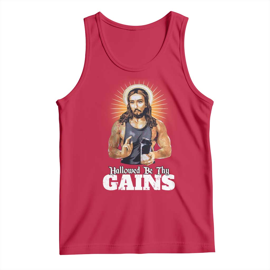 Funny Jesus Gym Workout Hallowed Be Thy Gains Tank Top Muscle Jesus Weightlifting TS11 Red Print Your Wear