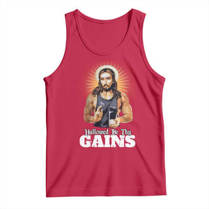 Funny Jesus Gym Workout Hallowed Be Thy Gains Tank Top Muscle Jesus Weightlifting TS11 Red Print Your Wear