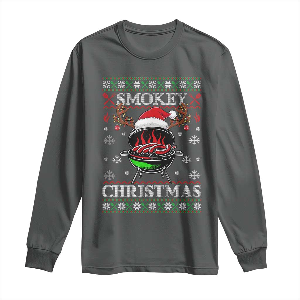 Funny Smokey Christmas Grilling Long Sleeve Shirt BBQ Meat Father's Day TS11 Dark Heather Print Your Wear