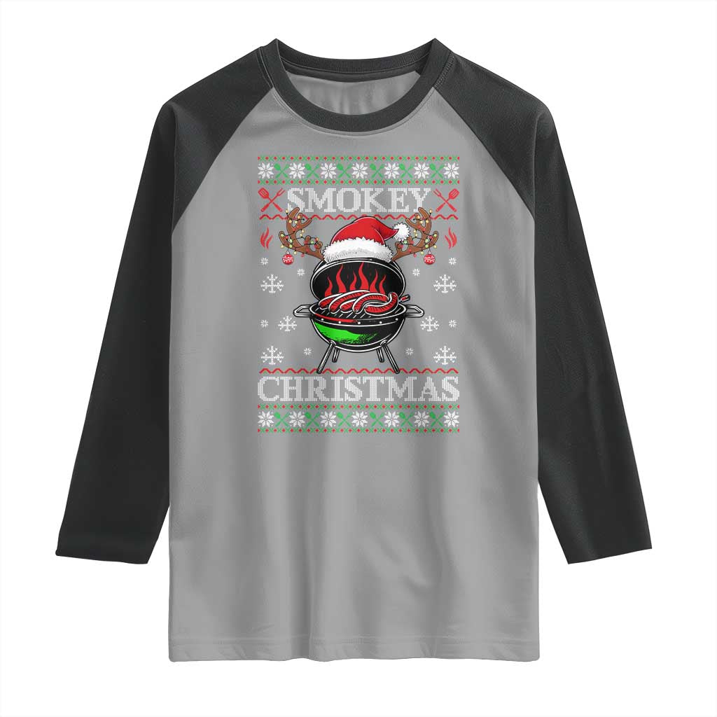 Funny Smokey Christmas Grilling Raglan Shirt BBQ Meat Father's Day TS11 Sport Gray Black Print Your Wear