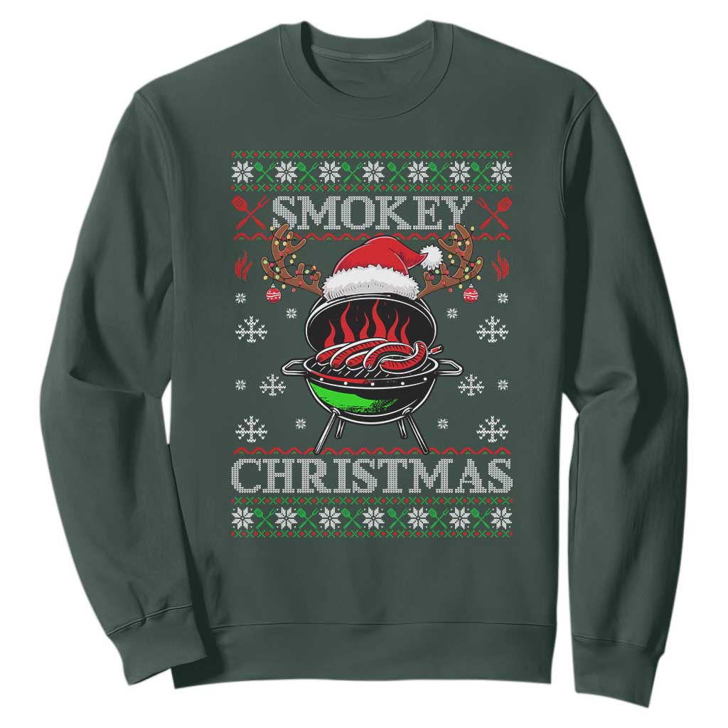 Funny Smokey Christmas Grilling Sweatshirt BBQ Meat Father's Day TS11 Dark Forest Green Print Your Wear