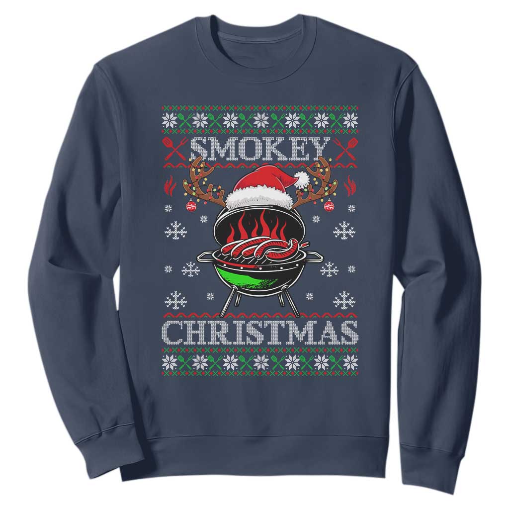 Funny Smokey Christmas Grilling Sweatshirt BBQ Meat Father's Day TS11 Navy Print Your Wear