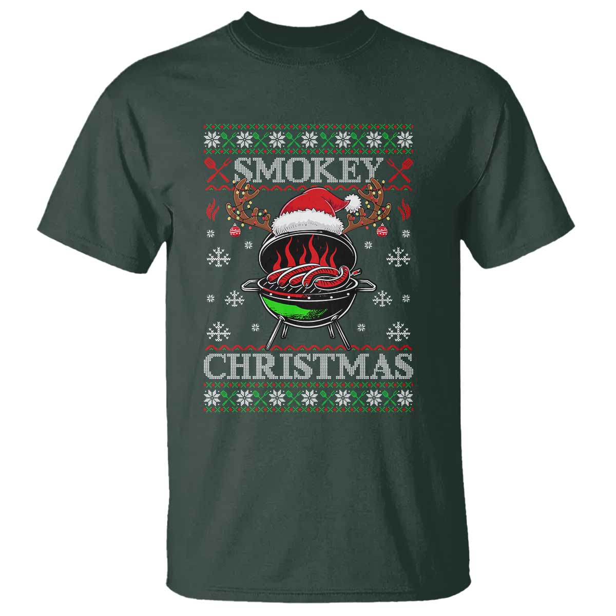 Funny Smokey Christmas Grilling T Shirt BBQ Meat Father's Day TS11 Dark Forest Green Print Your Wear