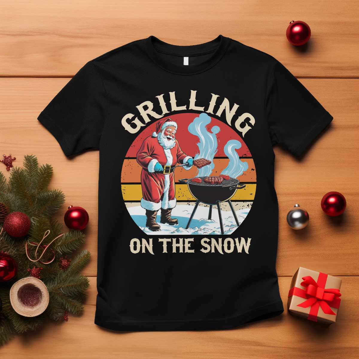 Funny Christmas Grilling Santa T Shirt Grilling On The Snow TS11 Black Print Your Wear