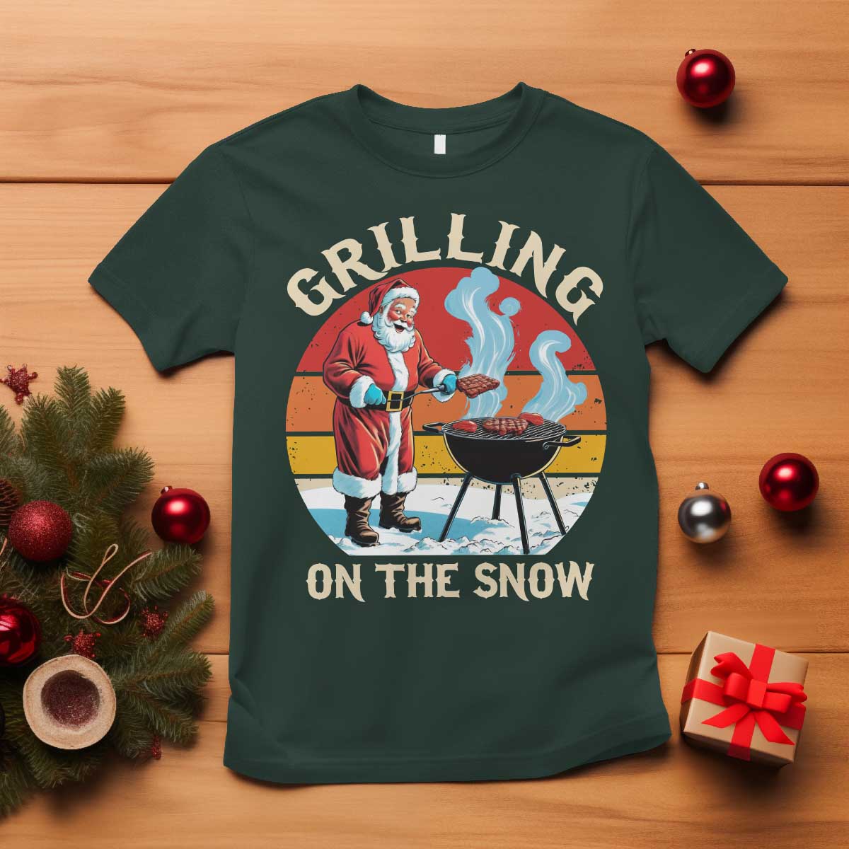 Funny Christmas Grilling Santa T Shirt Grilling On The Snow TS11 Dark Forest Green Print Your Wear