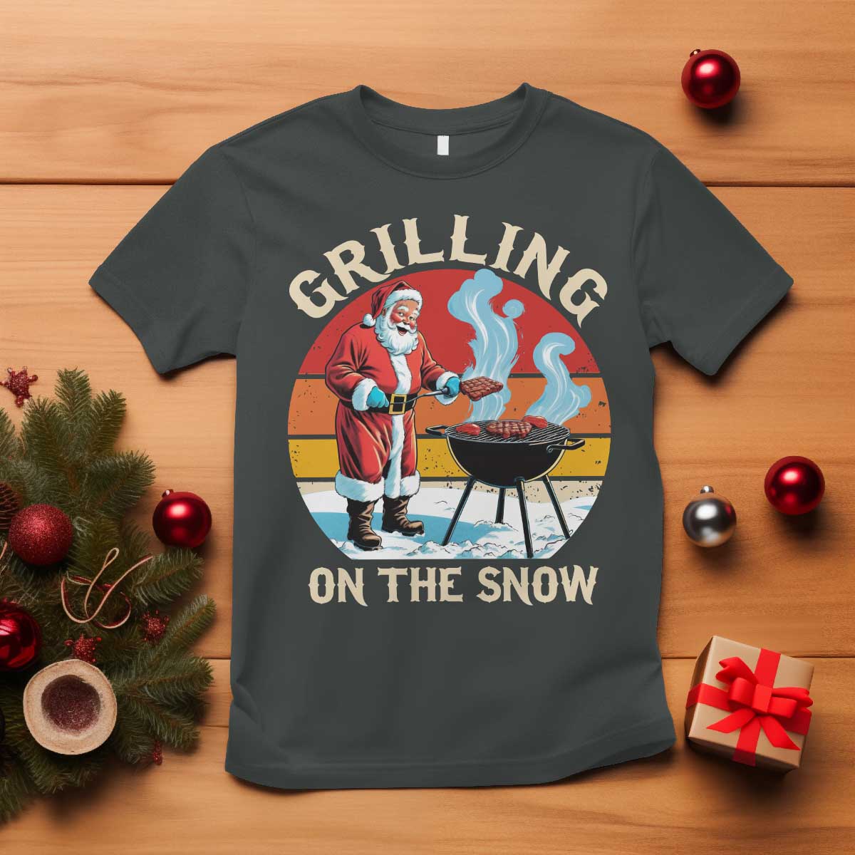 Funny Christmas Grilling Santa T Shirt Grilling On The Snow TS11 Dark Heather Print Your Wear