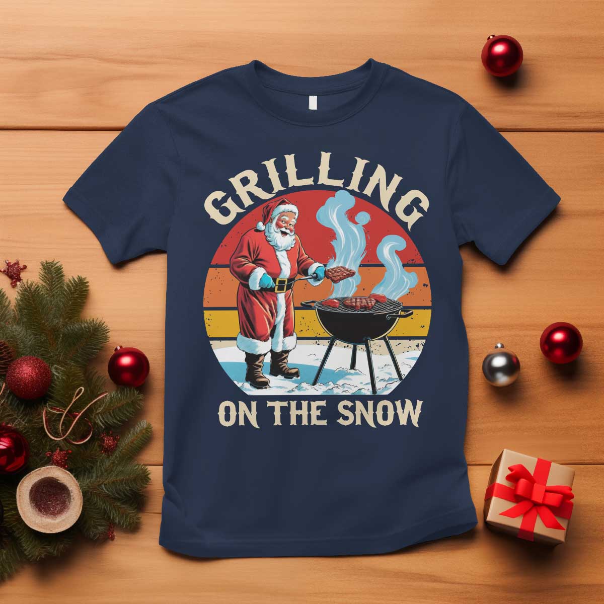 Funny Christmas Grilling Santa T Shirt Grilling On The Snow TS11 Navy Print Your Wear