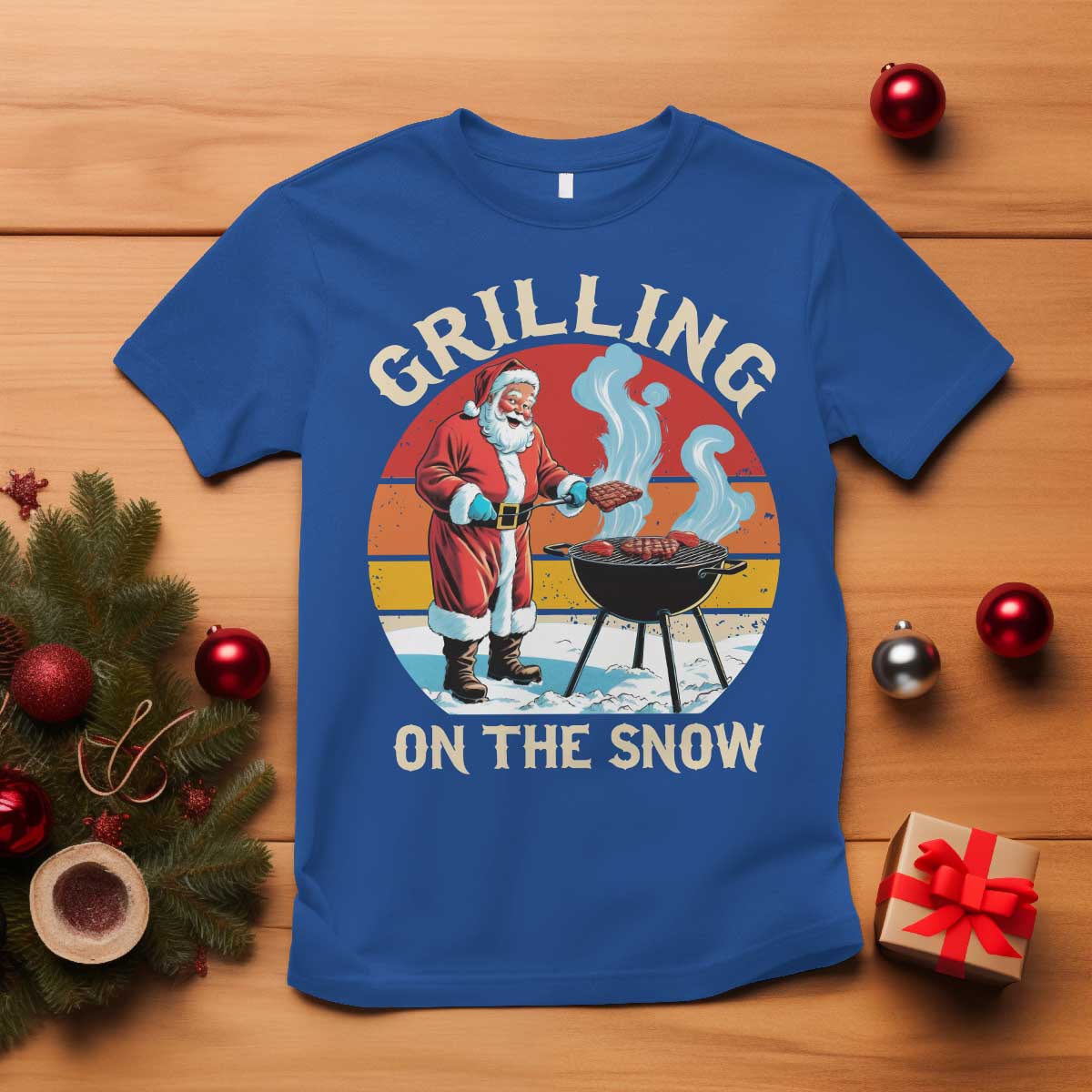 Funny Christmas Grilling Santa T Shirt Grilling On The Snow TS11 Royal Blue Print Your Wear