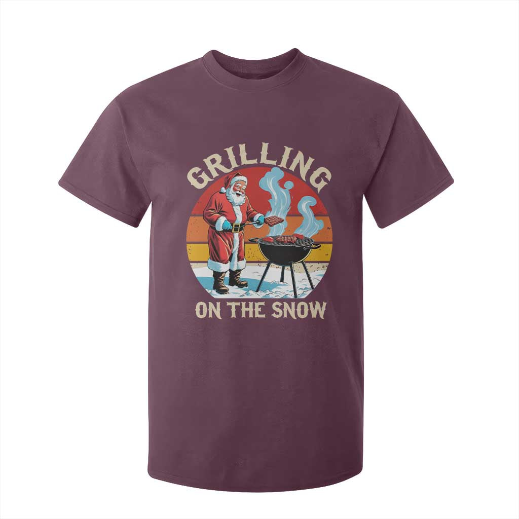Funny Christmas Grilling Santa T Shirt For Kid Grilling On The Snow TS11 Maroon Print Your Wear