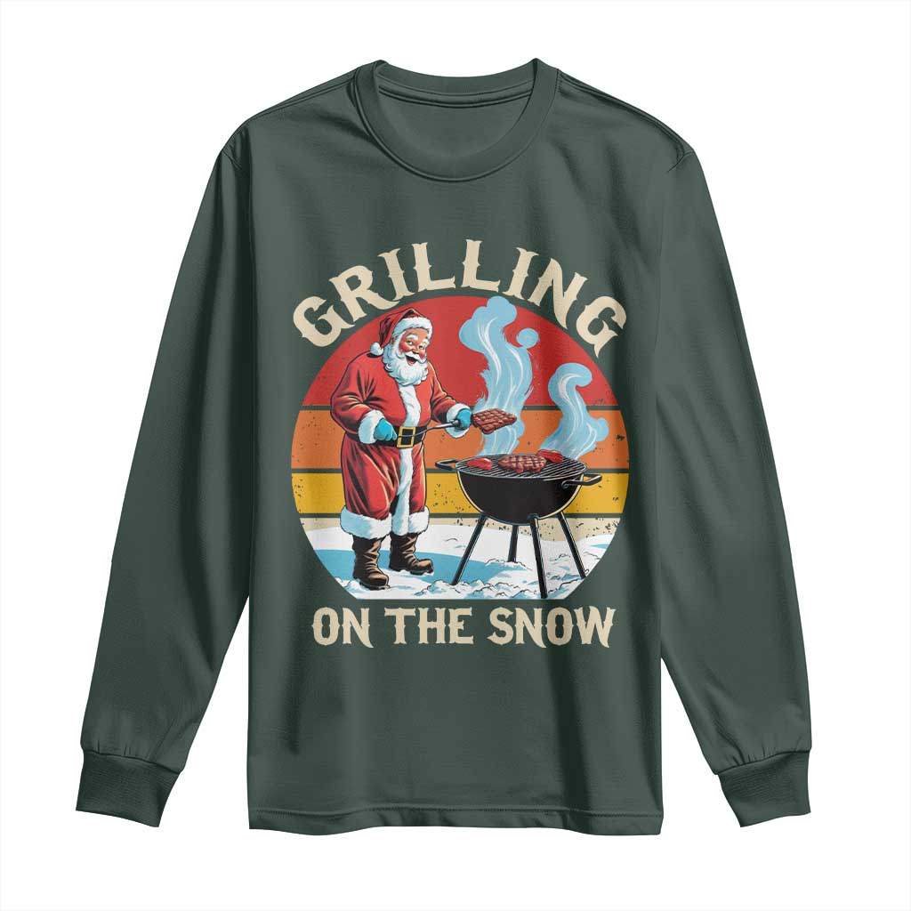 Funny Christmas Grilling Santa Long Sleeve Shirt Grilling On The Snow TS11 Dark Forest Green Print Your Wear
