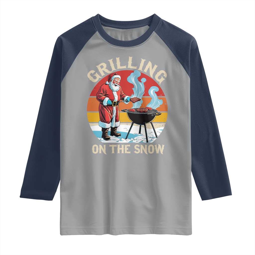 Funny Christmas Grilling Santa Raglan Shirt Grilling On The Snow TS11 Sport Gray Navy Print Your Wear