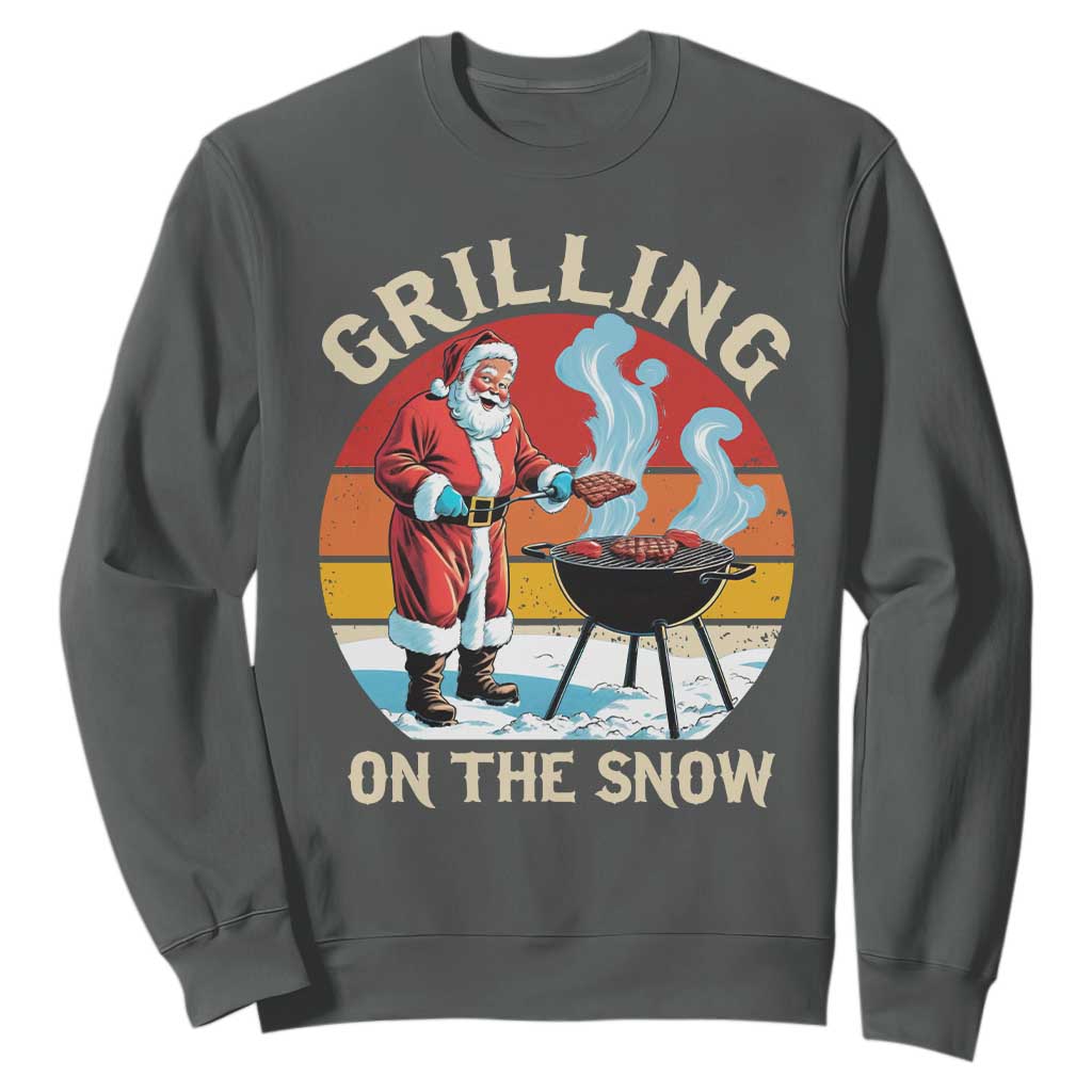 Funny Christmas Grilling Santa Sweatshirt Grilling On The Snow TS11 Dark Heather Print Your Wear