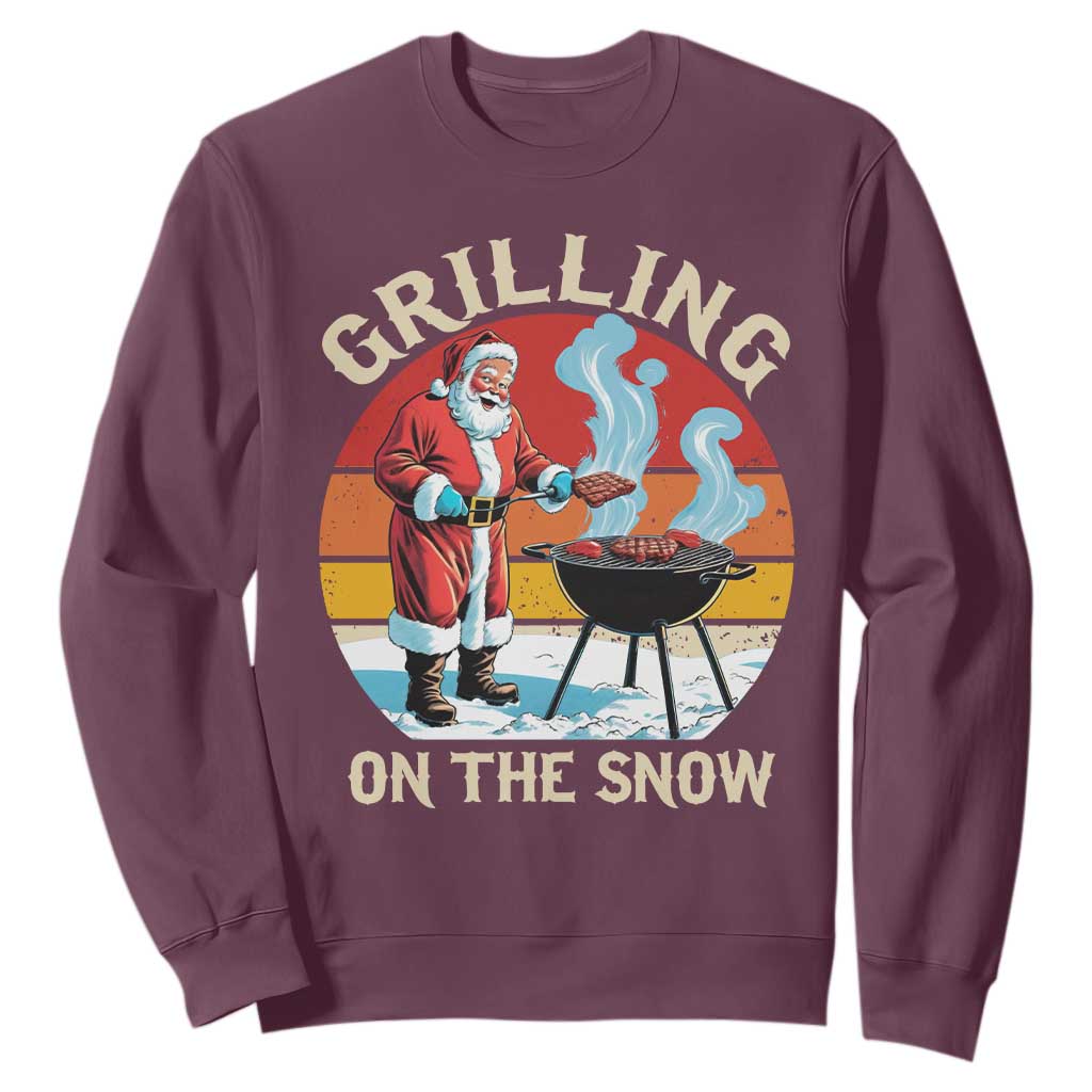 Funny Christmas Grilling Santa Sweatshirt Grilling On The Snow TS11 Maroon Print Your Wear