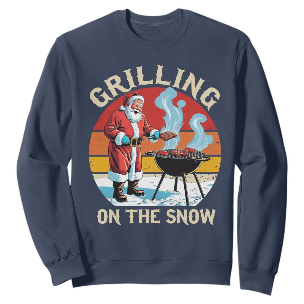 Funny Christmas Grilling Santa Sweatshirt Grilling On The Snow TS11 Navy Print Your Wear