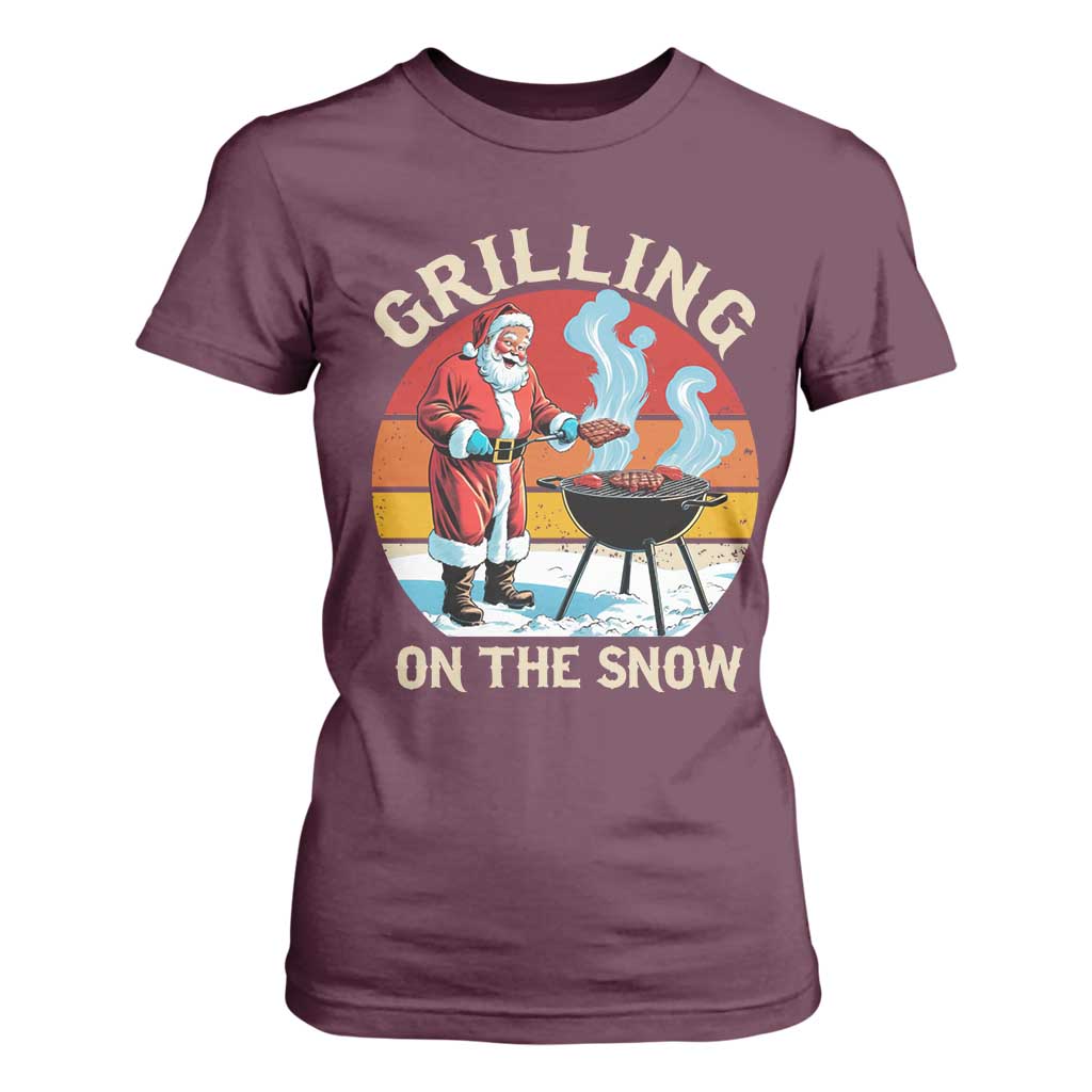 Funny Christmas Grilling Santa T Shirt For Women Grilling On The Snow TS11 Maroon Print Your Wear